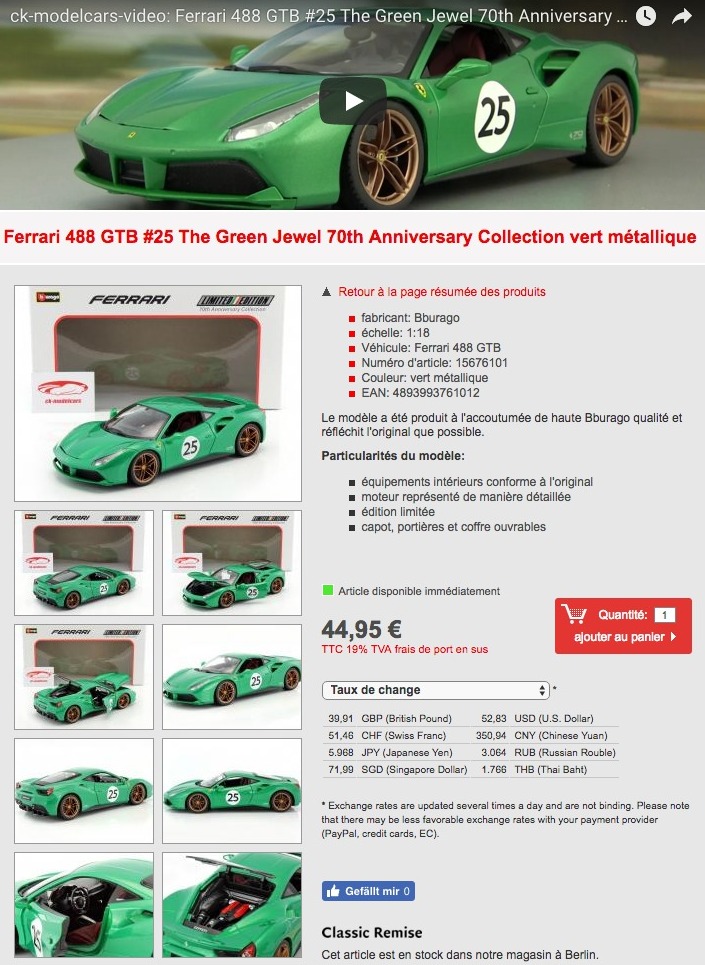CK Modelcars   15676101  Ferrari 488 GTB  25 The Green Jewel 70th Anniversary Collection vert métallique 1 18 Bburago  EAN 4893993761012.jpeg