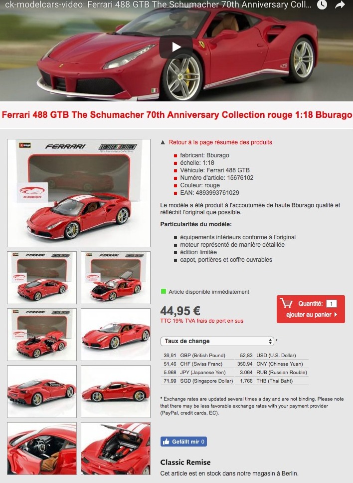 CK Modelcars   15676102  Ferrari 488 GTB The Schumacher 70th Anniversary Collection rouge 1 18 Bburago  EAN 4893993761029.jpeg
